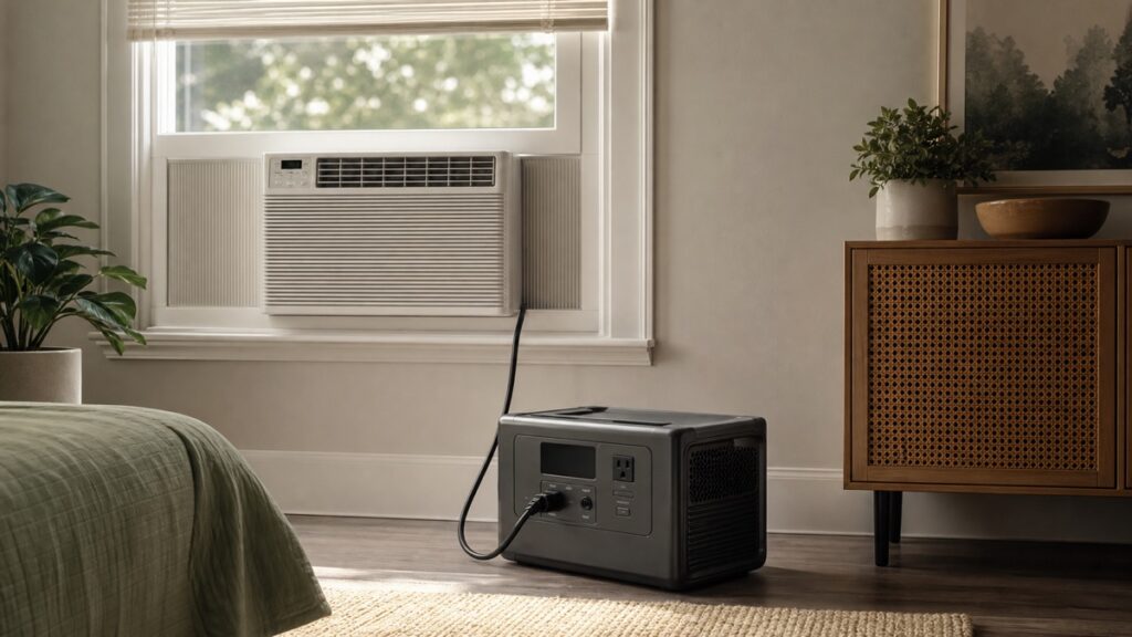 Portable power station connected to a room air conditioner for runtime planning