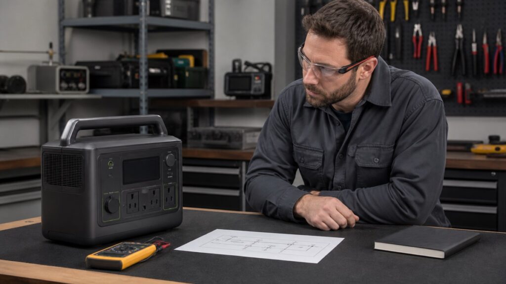 Qualified electrician reviewing portable power station grounding and neutral topology