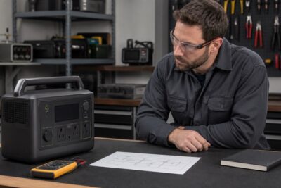 Qualified electrician reviewing portable power station grounding and neutral topology