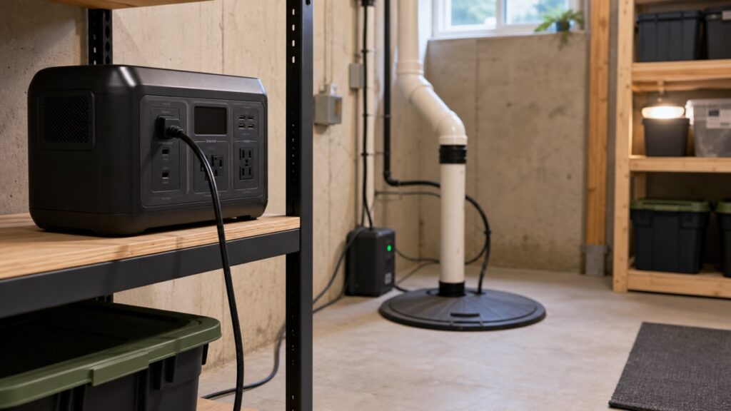 Portable power station prepared as a dry-location backup for a sump pump