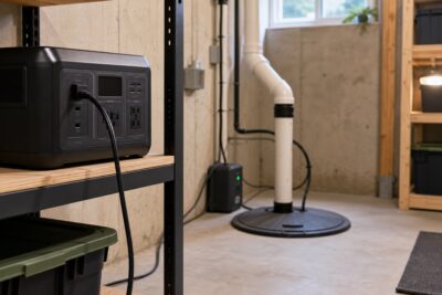 Portable power station prepared as a dry-location backup for a sump pump