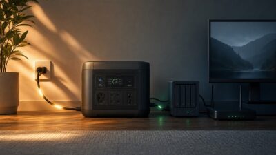 Portable power station providing automatic backup to a desktop computer, router, and storage device