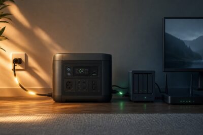 Portable power station providing automatic backup to a desktop computer, router, and storage device