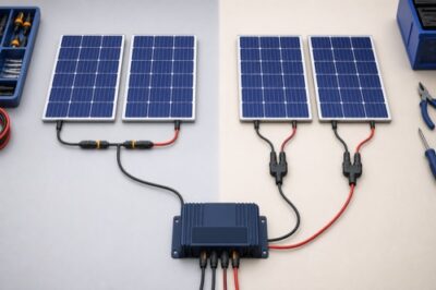Series and parallel solar panel wiring layouts connected to a charge controller