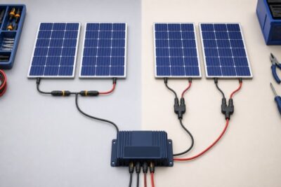 Series and parallel solar panel wiring layouts connected to a charge controller