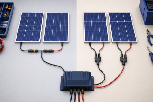 Series and parallel solar panel wiring layouts connected to a charge controller