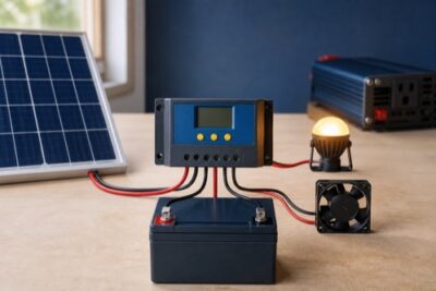 Solar charge controller load terminals powering a small lamp and DC fan