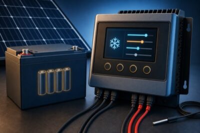 LiFePO4 battery and solar charge controller with temperature-aware charging settings
