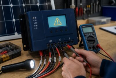 Testing a solar charge controller with a multimeter during troubleshooting