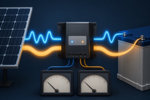 Voltage and amperage paths through a solar charge controller
