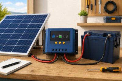 Solar panel, charge controller, and battery connected in an off-grid charging system