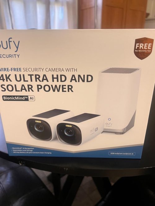 Customer photo of EufyCam S330 two-camera kit packaging with HomeBase pictured