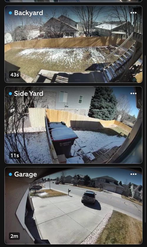Ring customer's app showing backyard, side-yard and garage camera views