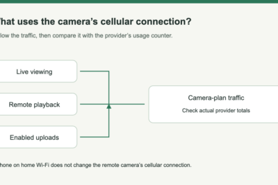Live viewing, remote playback and uploads feed into the camera cellular data total; a local recording is a separate activity.