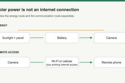 Two separate routes: sunlight charges the camera battery; Wi-Fi or cellular connects the camera for remote access.