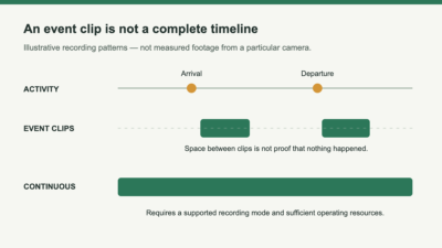 Timeline contrasting separated event clips with a continuous recording bar; activity can occur before a triggered clip begins.