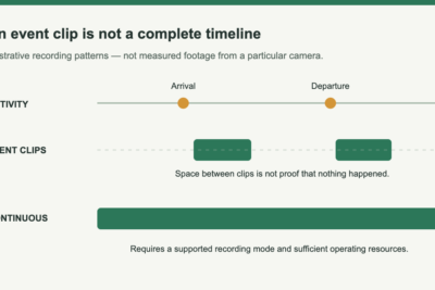 Timeline contrasting separated event clips with a continuous recording bar; activity can occur before a triggered clip begins.