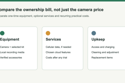 Three cost groups: equipment such as cameras and storage, services such as cellular or cloud plans, and upkeep such as charging or replacement parts.