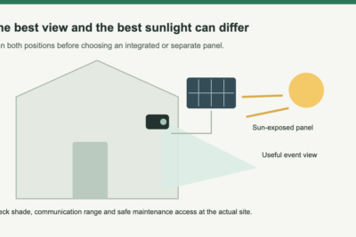 Conceptual house wall showing a camera aimed toward an entrance and a separate solar panel in sunlight, with accessible cable routing.