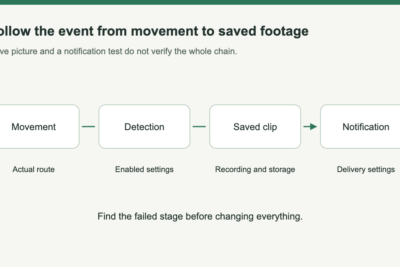 A four-stage chain shows movement, detection, saved clip and notification, with separate checks at each stage.