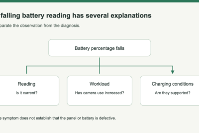 Three checks branch from a falling battery reading: refresh the reading, review camera workload, and check supported charging conditions.