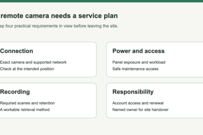 Remote-site planning matrix: coverage and network, power and access, recording and retrieval, and account ownership and renewal.