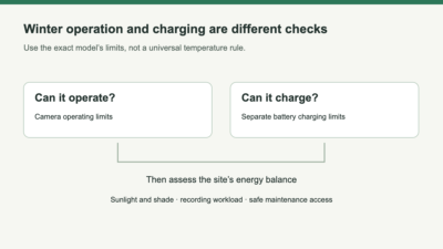 Operating conditions and charging conditions shown as separate lanes alongside sunlight, shade and workload checks.