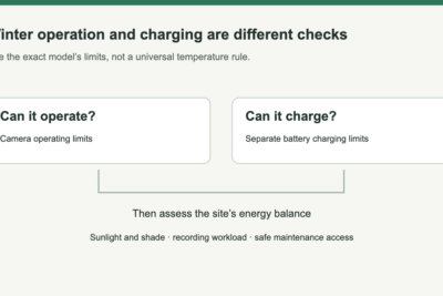 Operating conditions and charging conditions shown as separate lanes alongside sunlight, shade and workload checks.
