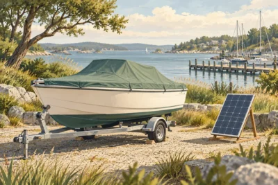 Illustration of a covered boat on a trailer with a solar panel in a boatyard.
