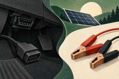 Illustration contrasting a disconnected diagnostic connector with battery clips.