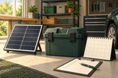 Illustration of a solar panel, protective battery box and inspection calendar.