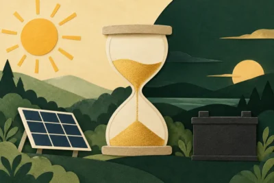 Conceptual illustration of a solar panel, hourglass and battery.