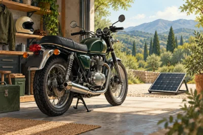 Illustration of a stored motorcycle and solar panel at an open garage.