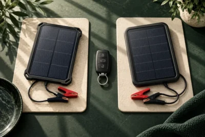 Conceptual illustration of two compact solar maintainers and a car key.