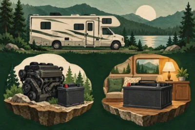 Conceptual illustration separating an RV engine battery role from its living-area battery role.