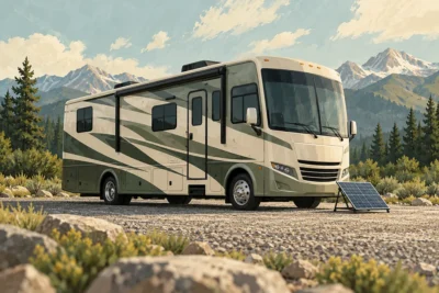 Illustration of a stored motorhome with a small solar panel near its front end.