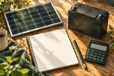Illustration of a solar panel, battery and notebook for maintainer sizing.