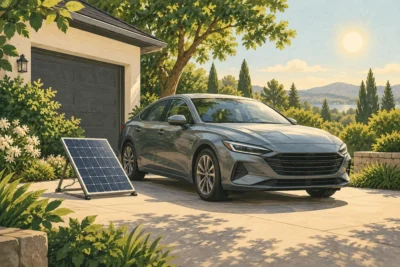 Illustration of a parked car and a small solar maintenance panel in a driveway.