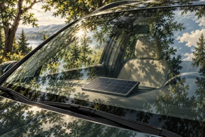 Illustration of a small solar panel behind a parked car windshield.