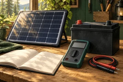 Illustration of a solar panel, battery, disconnected meter and manual.