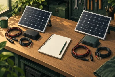 Illustration of two generic solar panel and controller kits on a workshop table.