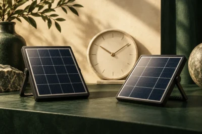 Conceptual illustration of two solar panels and a clock representing maintenance over time.